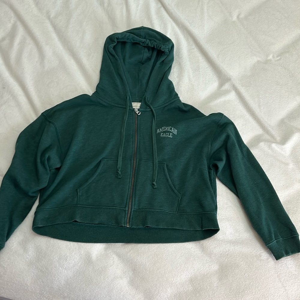 American Eagle Outfitters Dark Green Cropped Zip Hoodie